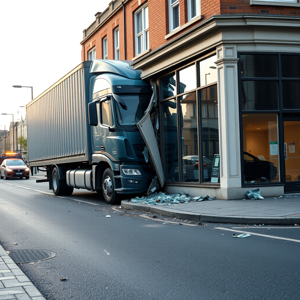 Delivery truck hits building on main road